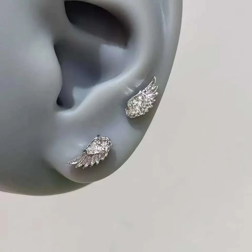 Personality Shiny Zircon Angel Wings Stud Earrings for Women Men Couple Multiple Ear Holes Fold Wear Ear Bone Stud Jewelry Gifts