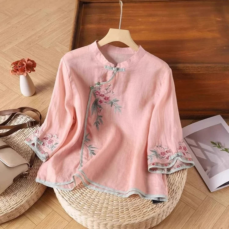 Loose Embroidered T-Shirts Women's Clothes Summer Vintage Woman Tshirt Casual Cotton Linen Ethnic Style Ladies T Shirt Blusas