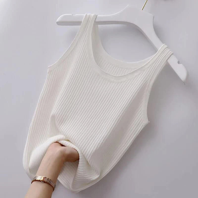 Slim Sleeveless Women 2024 NEW Casual T-shirts Women's Summer Inner Ice Silk Bottoming Tank Tops O-neck Solid Knit Sweater Vest