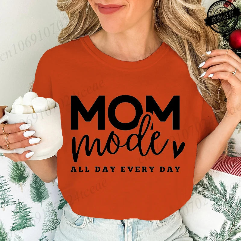 Mom Mode All Day Every Day Printed Women's T-Shirts Clothing Shirt Short Sleeve T-shirt Tops Oversized T Shirt Women Clothes