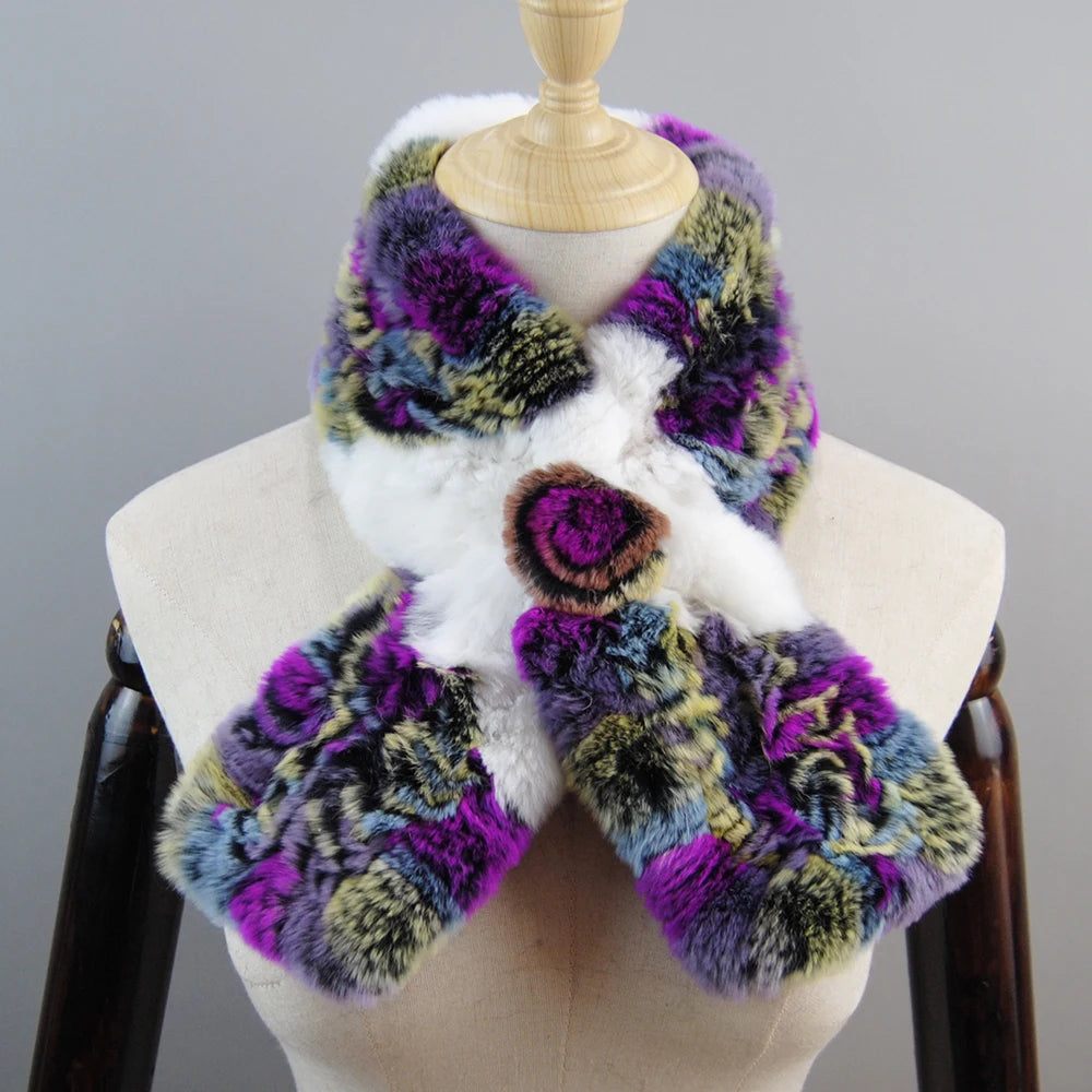 New Russian Women Knit Real Rex Rabbit Fur Scarf Lady Fashion Floral Rex Rabbit Fur Mufflers Hot Winter Warm Natural Fur Scarves