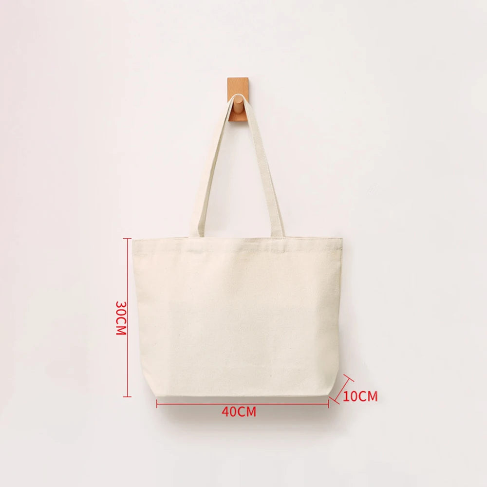 Women Canvas Shoulder Bag Solid Color Casual Tote Bag Reusable Large Capacity Cotton Handbag Shopping Beach Bag Beige/White