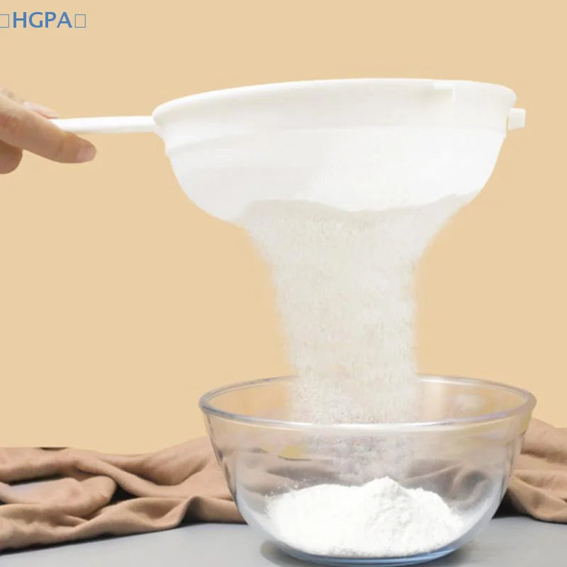 【HGPA】1Pcs Plastic Fine Mesh Spoon Strainer Kitchen Nut Milk Filter Flour Sieve With Handle Soy Milk Filter Colanders Tools