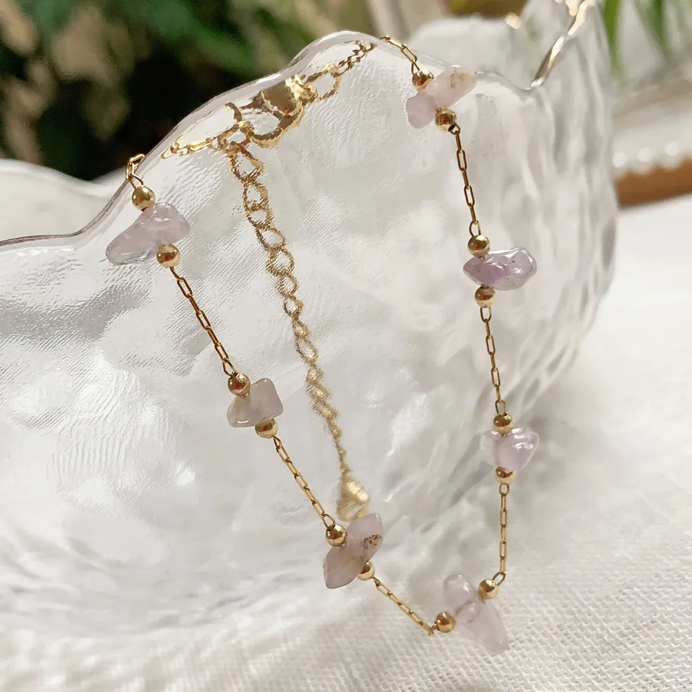 Irregular Natural Chip Stone Crystal Bracelet Healing Citrines Amethysts Pink Quartz Charm Stainless Steel Tiny Chain Bracelet