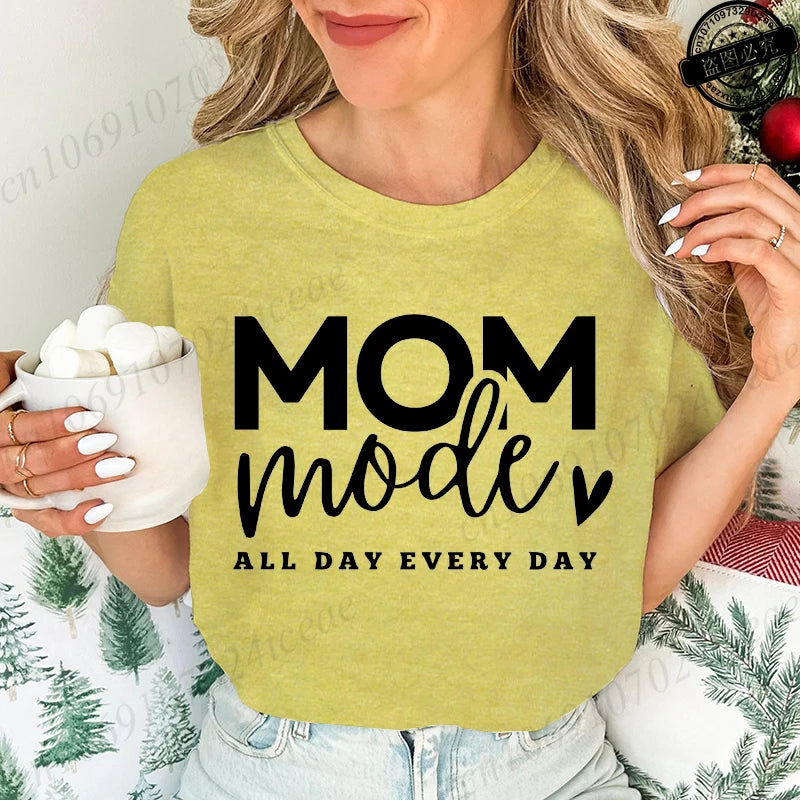 Mom Mode All Day Every Day Printed Women's T-Shirts Clothing Shirt Short Sleeve T-shirt Tops Oversized T Shirt Women Clothes