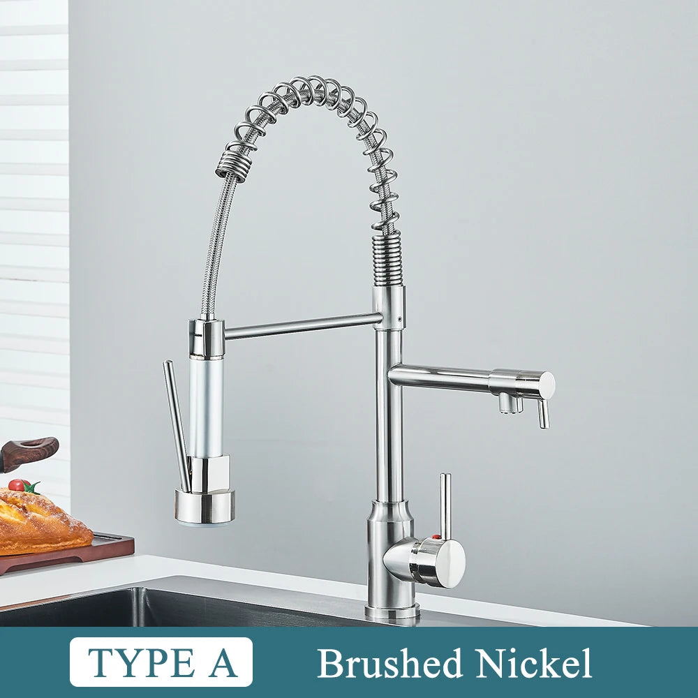 Chrome Brass Kitchen Sink Faucet Pull Down Hot and Cold Water Mixer2 Mode Tap with Dual Spout 360 Rotation Flexible Deck Mounted