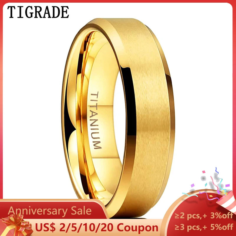 TIGRADE Pure Titanium Rings Gold Color 6MM 8MM Brushed Wedding Band Luxury in Comfort Fit Matte for Men Women Anti-allergy