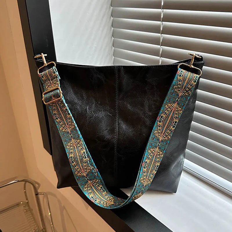 Womens Fashion Shoulder Sling Bag Vintage Brown PU Leather High-Capacity Simple Wide Strap Bucket Crossbody Female Commuter Bags
