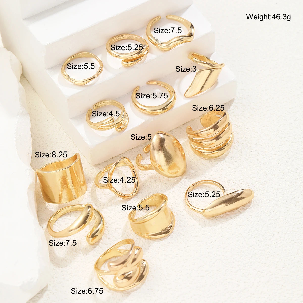14pcs Exaggerated Smooth Rings Set For Women Fashion Simple Gold Color Geometric Asymmetrical Wide Face Ring Casual Jewelry Gift