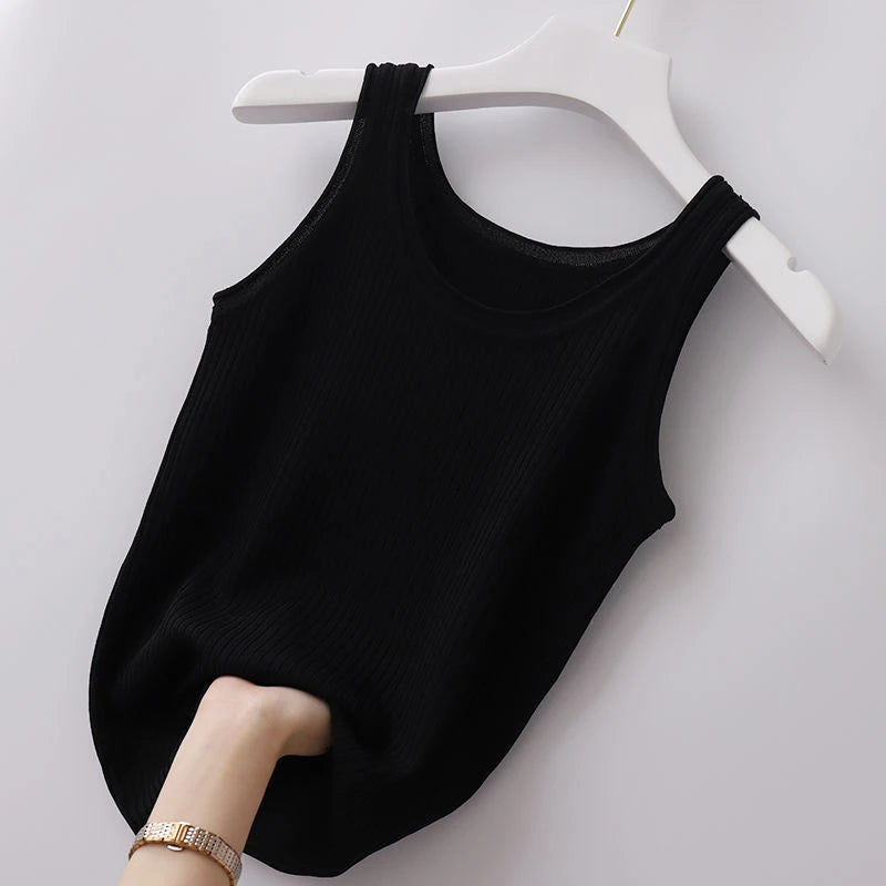 Slim Sleeveless Women 2024 NEW Casual T-shirts Women's Summer Inner Ice Silk Bottoming Tank Tops O-neck Solid Knit Sweater Vest