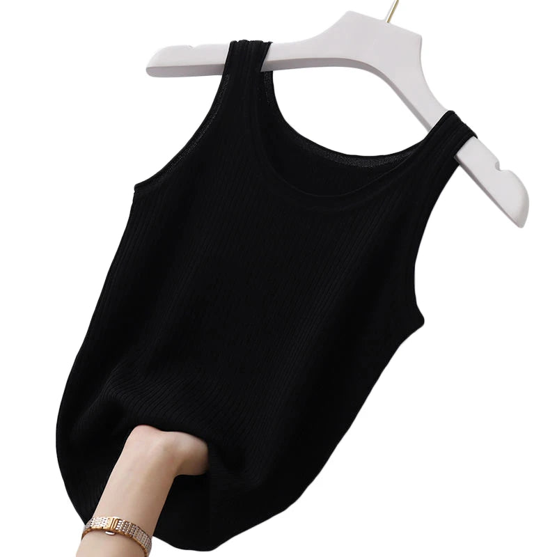 Slim Sleeveless Women 2024 NEW Casual T-shirts Women's Summer Inner Ice Silk Bottoming Tank Tops O-neck Solid Knit Sweater Vest