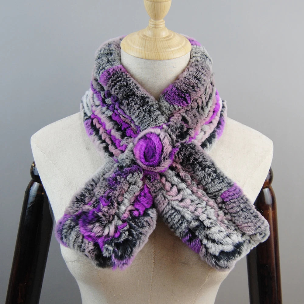 New Russian Women Knit Real Rex Rabbit Fur Scarf Lady Fashion Floral Rex Rabbit Fur Mufflers Hot Winter Warm Natural Fur Scarves