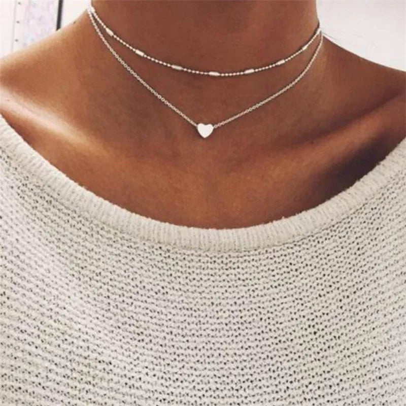 LETAPI 2025 New Fashion Simple Silver Color Choker Necklaces for Women Three Layer Chain Heart Pendant Necklace Jewelry Gift