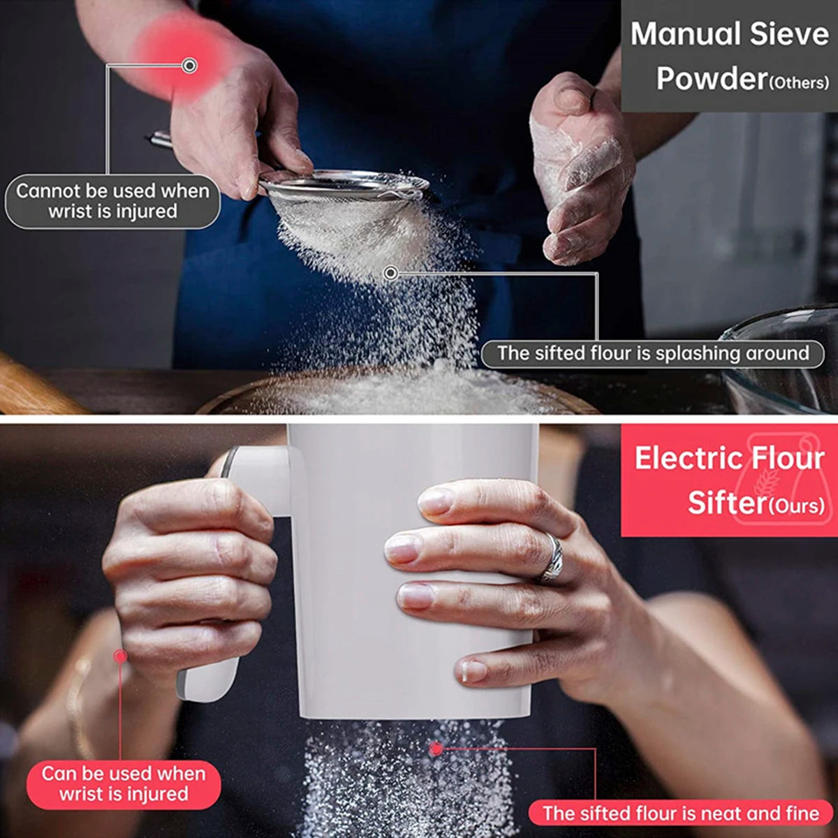 Electric Flour Shifter 1L Automatic Flour Strainer Handheld Cup Shape White Powder Sieve Battery Operated Fine Stainless Steel