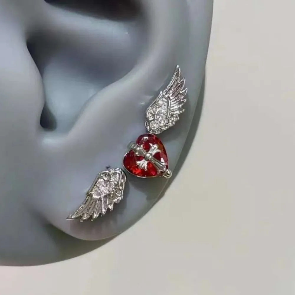 Personality Shiny Zircon Angel Wings Stud Earrings for Women Men Couple Multiple Ear Holes Fold Wear Ear Bone Stud Jewelry Gifts