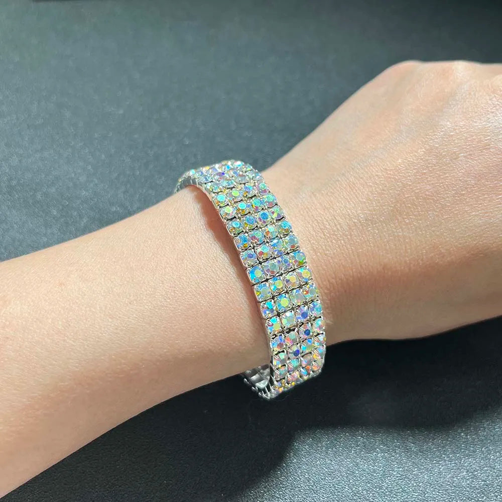 TREAZY Stunning AB Color Rhinestones Wedding Bangles Silver Plated Crystal Stretch Bracelet for Women Wristband Elastic Jewelry