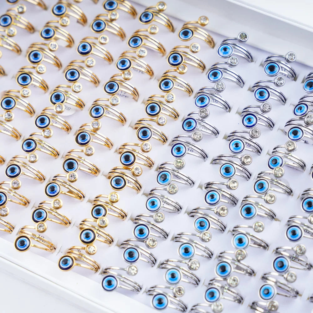 20Pcs/Lot Lucky Blue Devil's Eyes with Heart Rhinestone Pearl Stainless Steel Rings for Men Women Wedding Jewelry Party Gifts