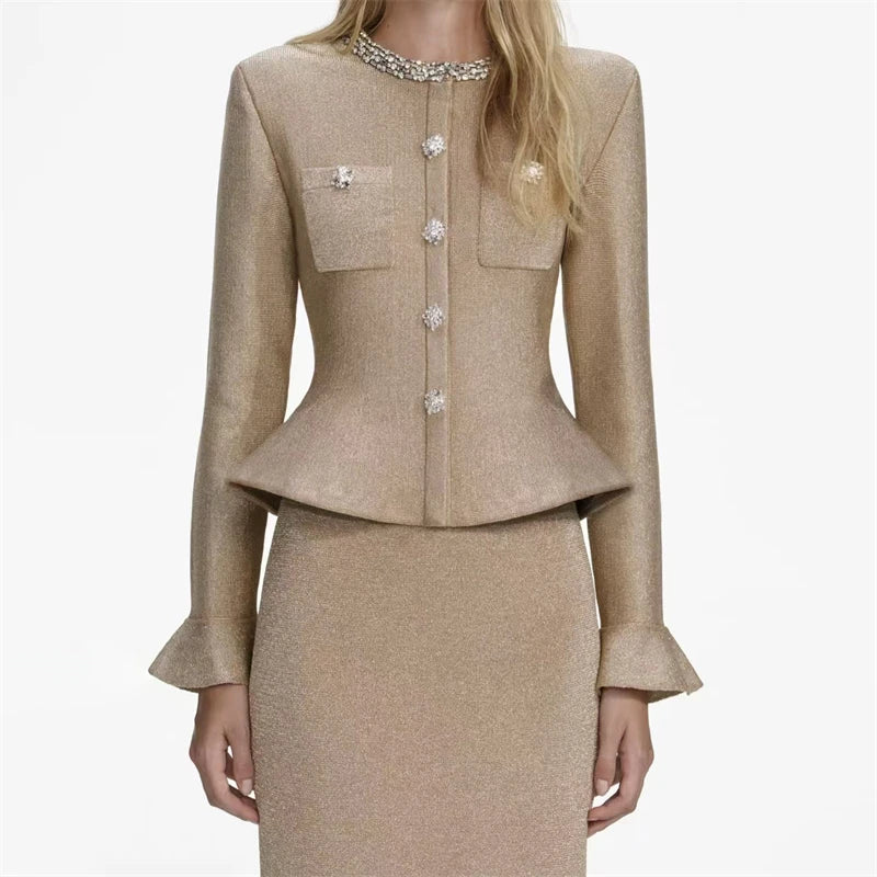 2025 Spring New Women's RoundNeck Diamond-Embellished Long-Sleeved Knitted DressY2K High-Quality Fashionable Commuter Maxi Dress