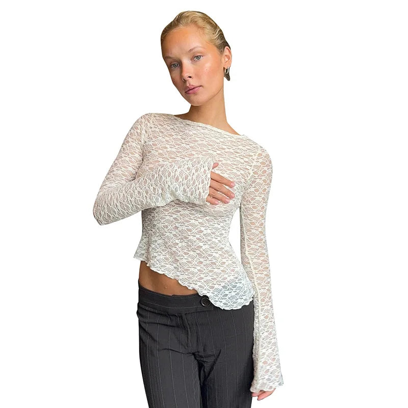 2025 Spring And Summer Women'S New Solid Color Lace Slant Hem Sexy Long Sleeve T-Shirt Top Fashion Spice Girl Lace Tops
