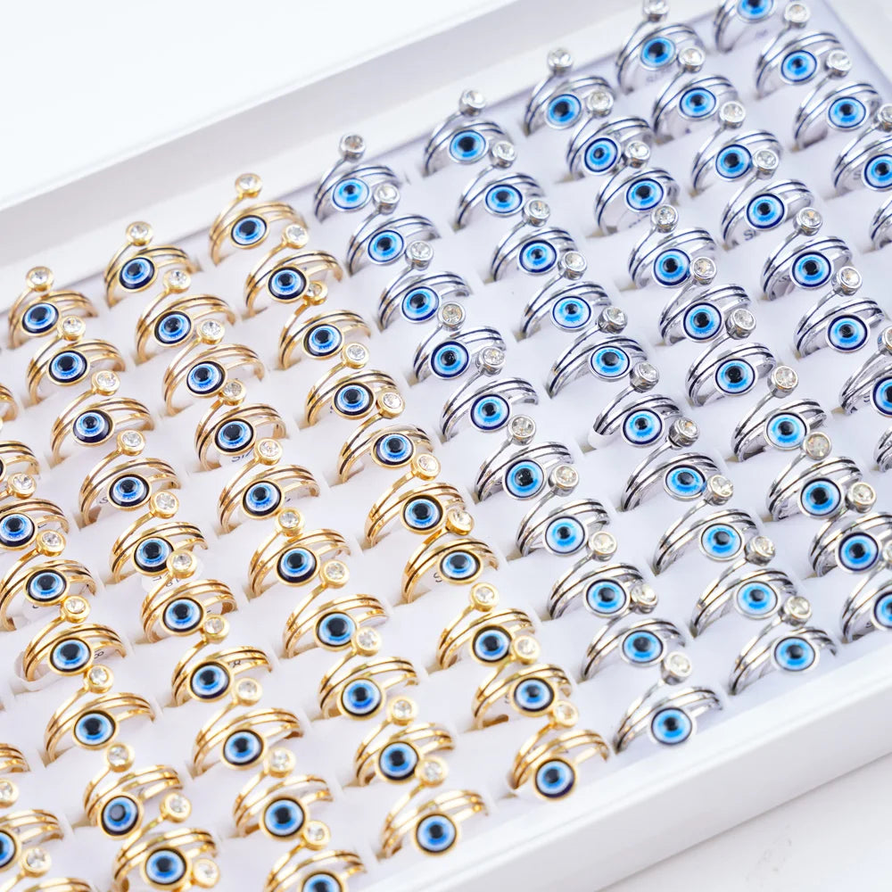 20Pcs/Lot Lucky Blue Devil's Eyes with Heart Rhinestone Pearl Stainless Steel Rings for Men Women Wedding Jewelry Party Gifts