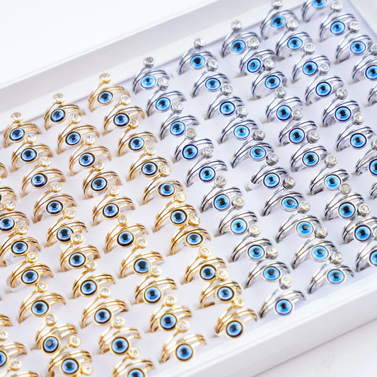 20Pcs/Lot Lucky Blue Devil's Eyes with Heart Rhinestone Pearl Stainless Steel Rings for Men Women Wedding Jewelry Party Gifts