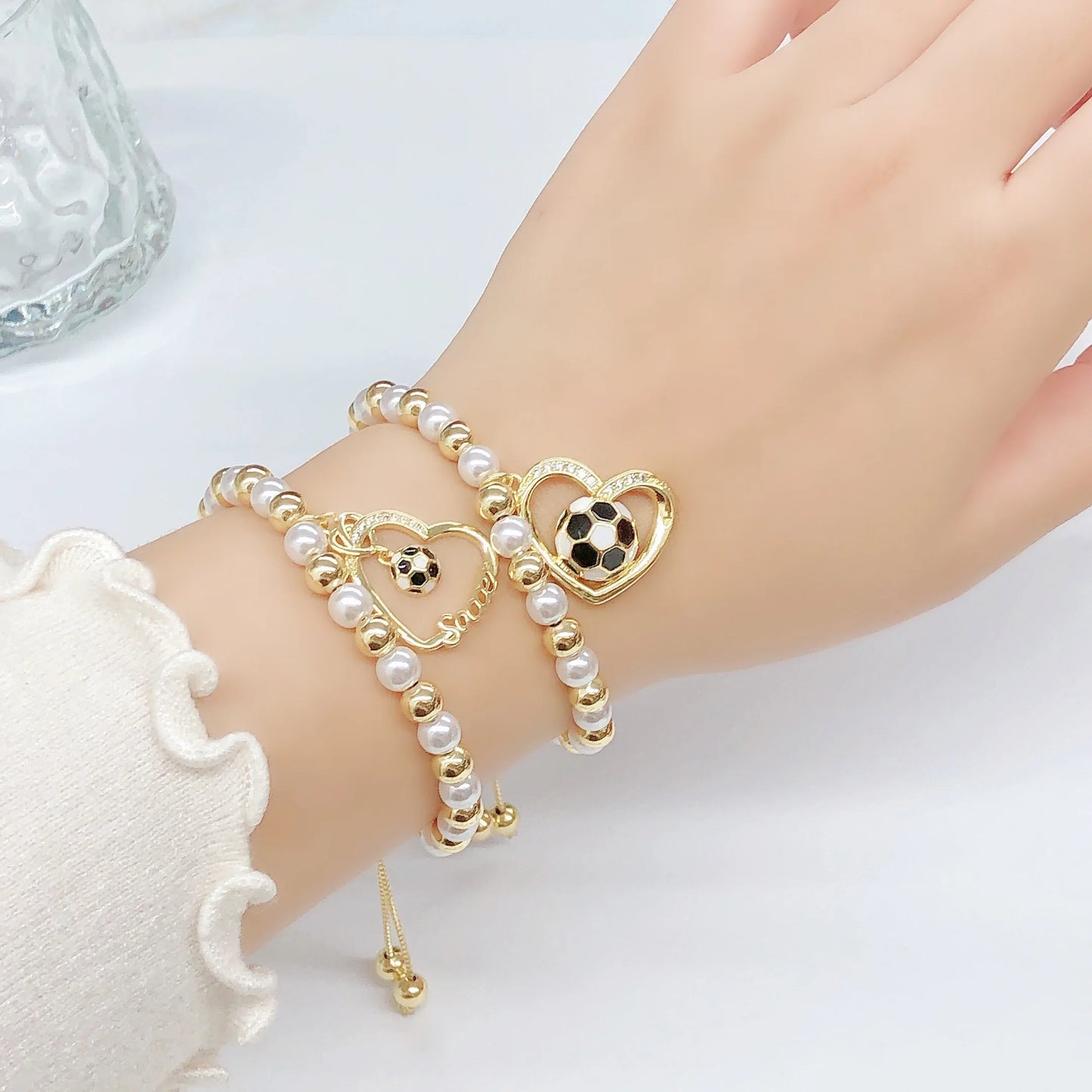 New Design Heart-Shaped Enamel Art Football Copper Bead Chain Adjustable Bracelet for Men Women Sports Style Jewelry Accessories