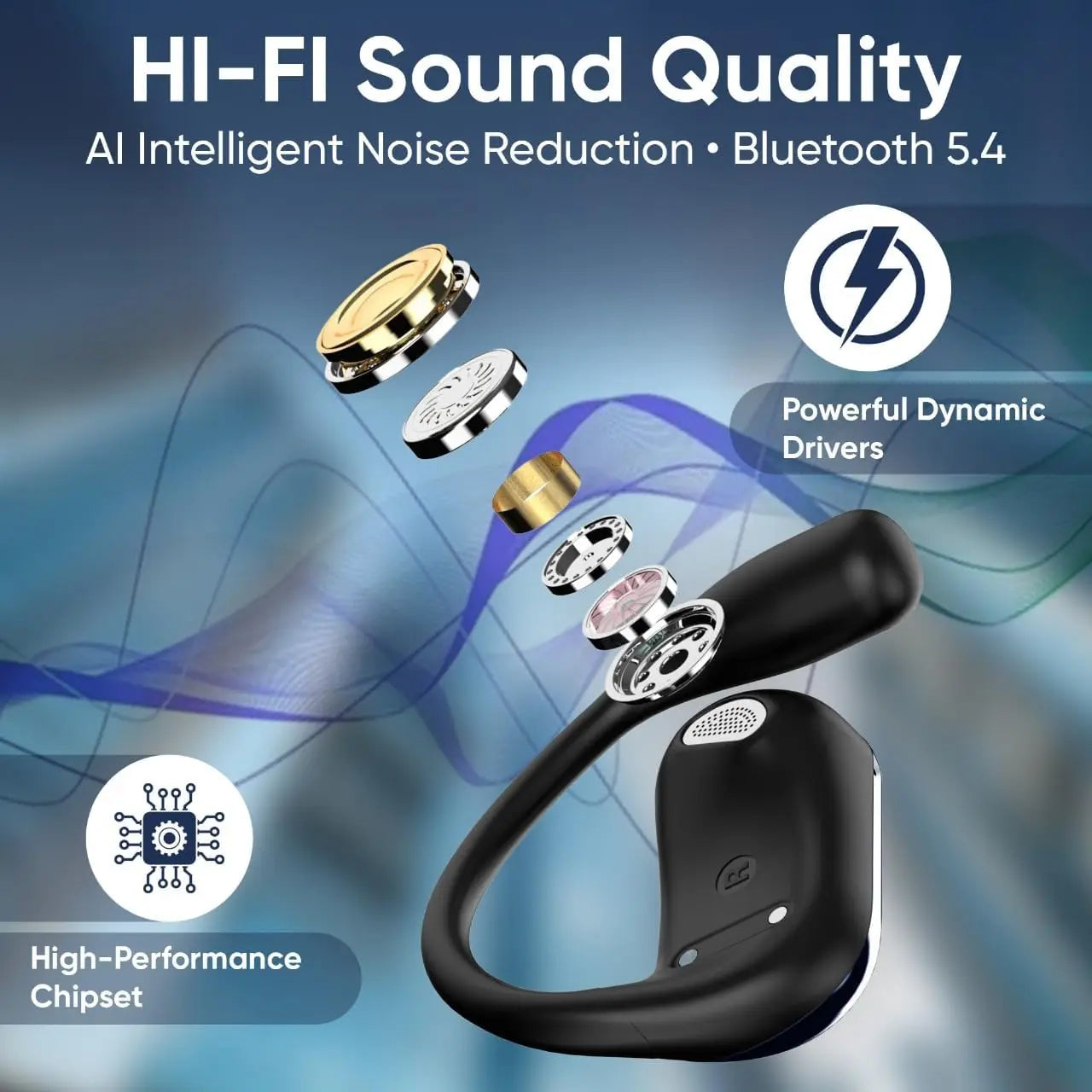 UYUXIO Open Ear Bone Conduction Headphones BT 5.4 Wireless Earbuds with Digital Display 60H Playtime IPX7 Waterproof Earphone