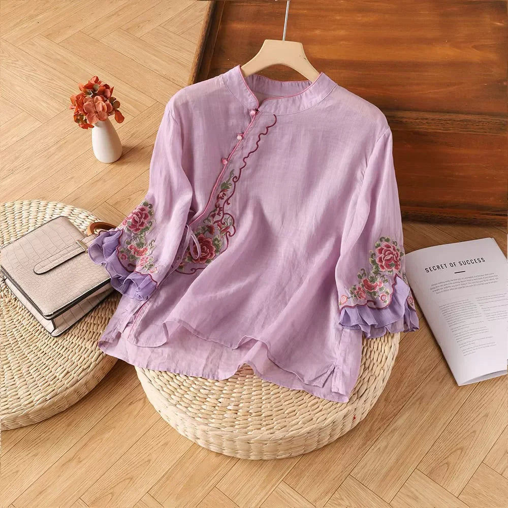 Loose Embroidered T-Shirts Women's Clothes Summer Vintage Woman Tshirt Casual Cotton Linen Ethnic Style Ladies T Shirt Blusas