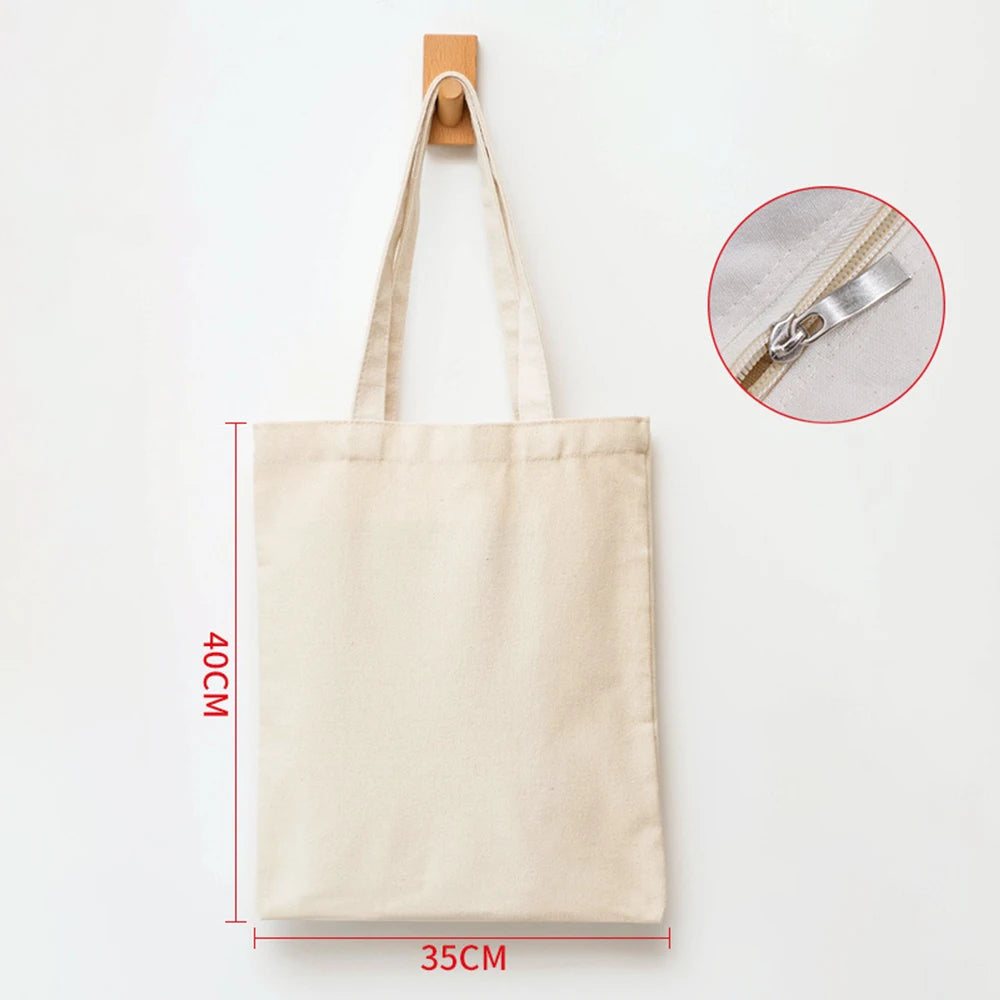 Women Canvas Shoulder Bag Solid Color Casual Tote Bag Reusable Large Capacity Cotton Handbag Shopping Beach Bag Beige/White
