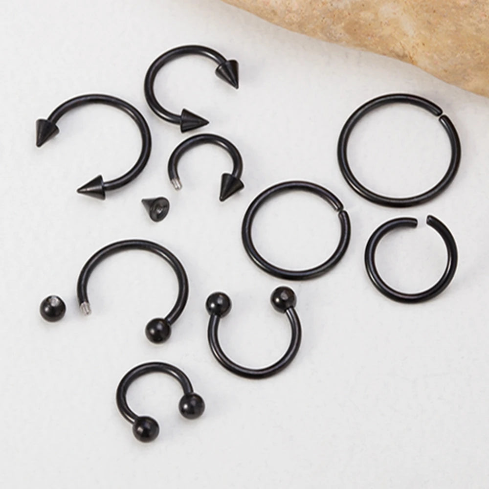 9pcs Hoop Earrings  Nose Ring Septum Real Piercing Bar Set Ear Cartilage Tragus Helix Lip BCR Circular Barbell Jewelry 16G