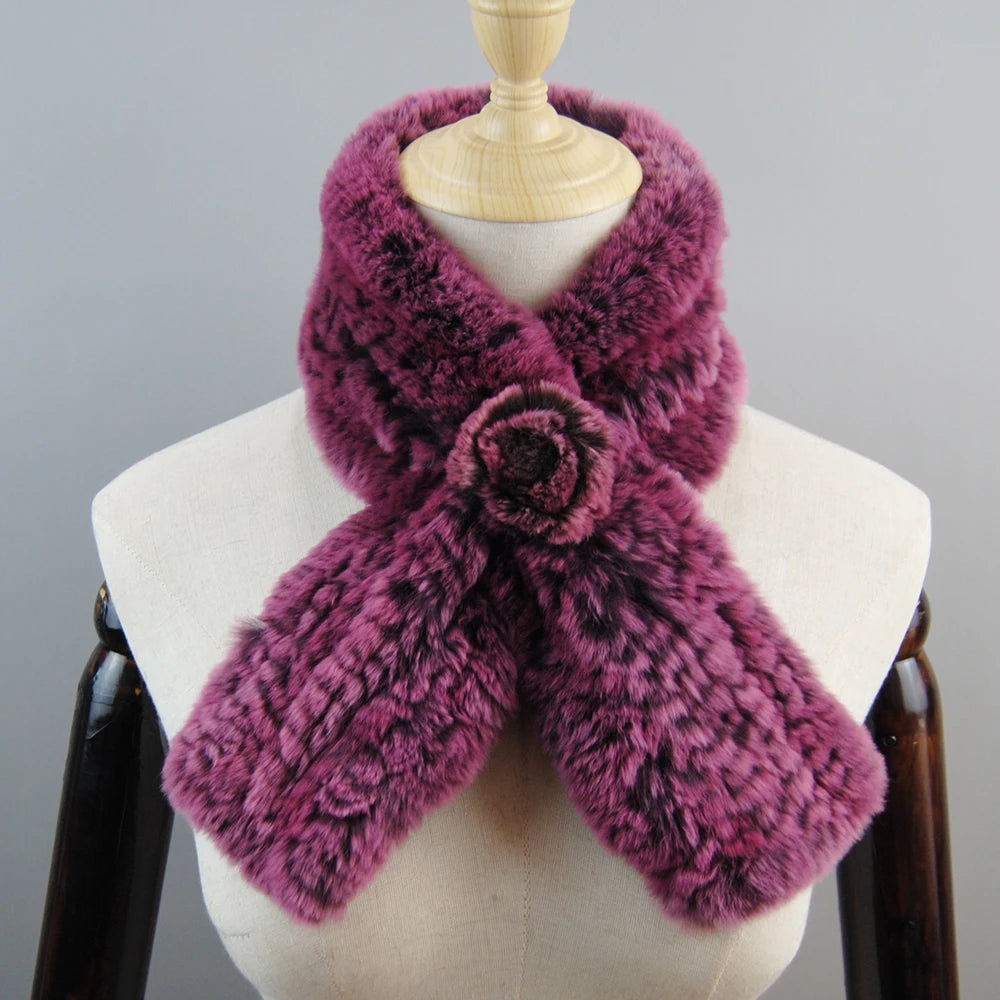 New Russian Women Knit Real Rex Rabbit Fur Scarf Lady Fashion Floral Rex Rabbit Fur Mufflers Hot Winter Warm Natural Fur Scarves