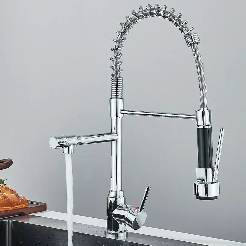 Chrome Brass Kitchen Sink Faucet Pull Down Hot and Cold Water Mixer2 Mode Tap with Dual Spout 360 Rotation Flexible Deck Mounted