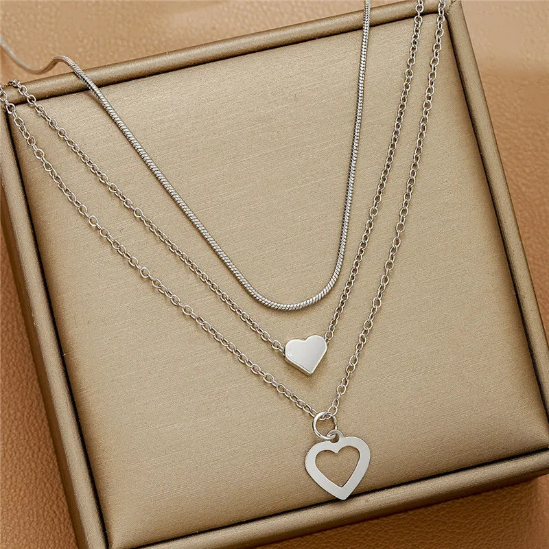 LETAPI 2025 New Fashion Simple Silver Color Choker Necklaces for Women Three Layer Chain Heart Pendant Necklace Jewelry Gift