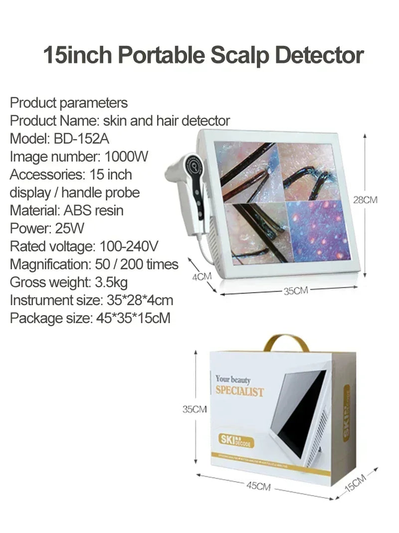 15 Inch Screen Ultra Hair Skin Analyze HD Intelligent Beauty Salon Home 50/200 Times Lens HD Scalp Hair Detector Skin Analysis