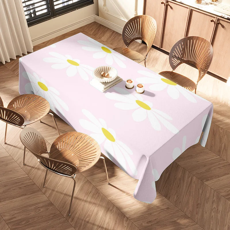 Pink White Floral Tablecloth with Yellow Accents for Home Decor in Dining Room or Kitchen Square Shaped 150X240cm (Large)