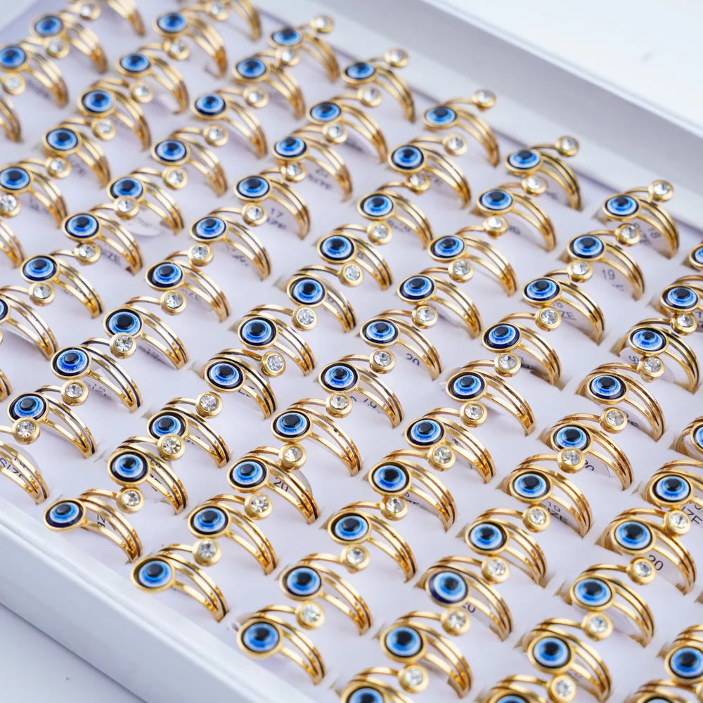 20Pcs/Lot Lucky Blue Devil's Eyes with Heart Rhinestone Pearl Stainless Steel Rings for Men Women Wedding Jewelry Party Gifts