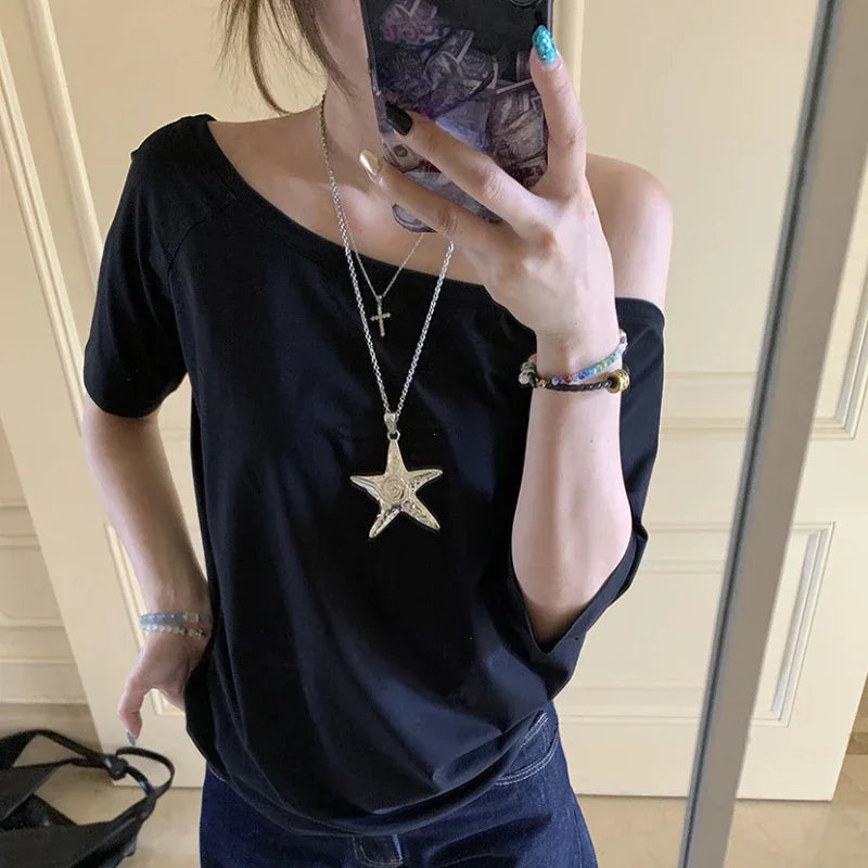 Y2k Top Aesthetic Clothes Ins T-shirts Women Solid Simple Summer Casual Cleanfit Short Sleeve All-match Young Girls Streetwear
