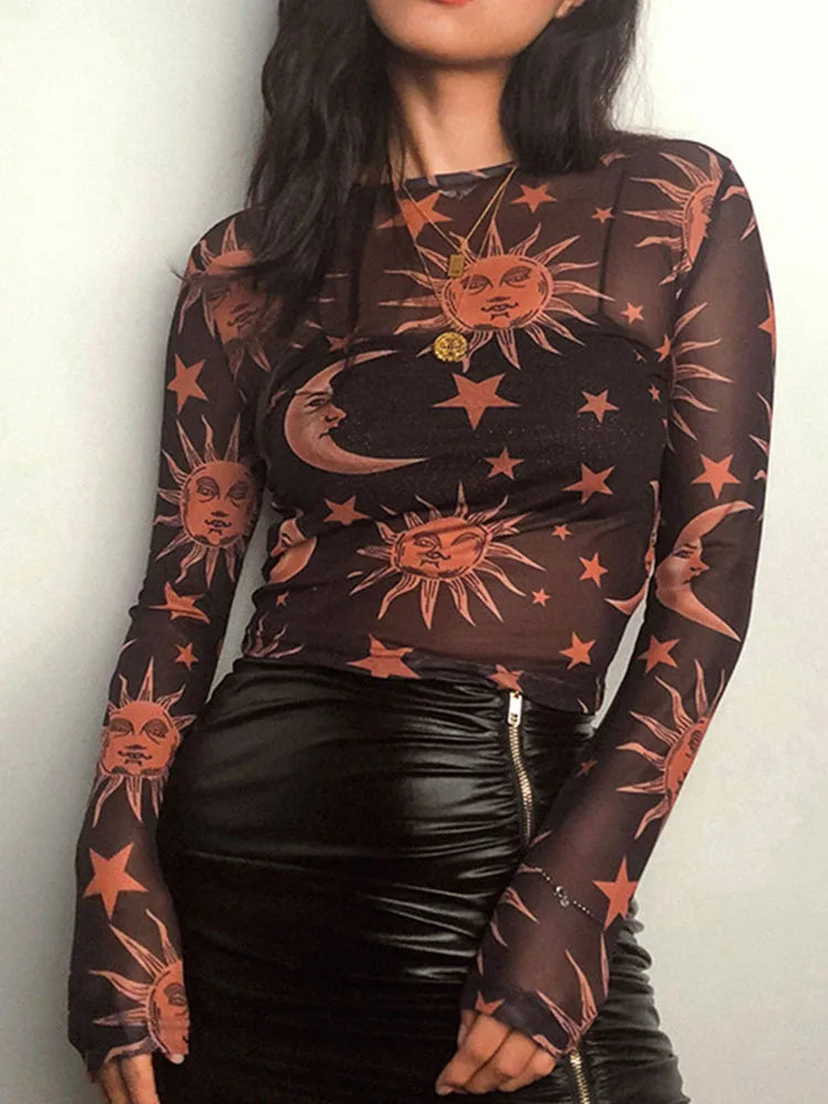 Sun Moon Printed Transparent Mesh Sexy T-Shirt Women O-Neck Long Sleeve Slim Basic Casual Female Tops 2023 Spring New