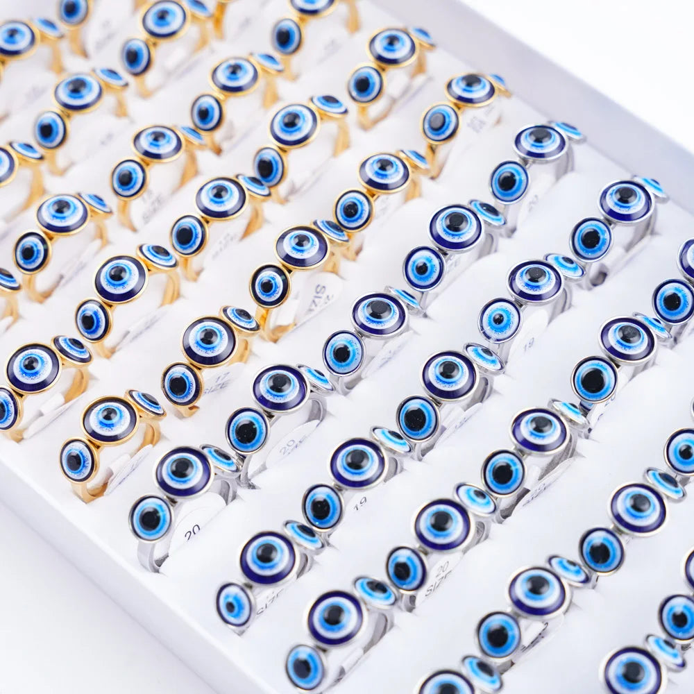 20Pcs/Lot Lucky Blue Devil's Eyes with Heart Rhinestone Pearl Stainless Steel Rings for Men Women Wedding Jewelry Party Gifts