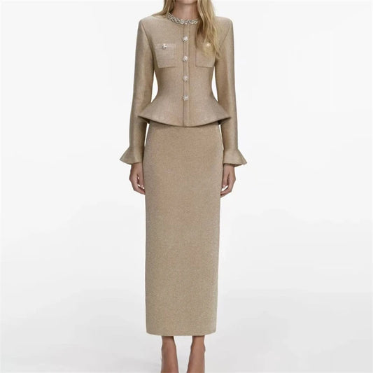 2025 Spring New Women's RoundNeck Diamond-Embellished Long-Sleeved Knitted DressY2K High-Quality Fashionable Commuter Maxi Dress