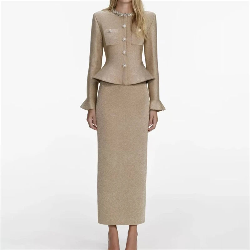 2025 Spring New Women's RoundNeck Diamond-Embellished Long-Sleeved Knitted DressY2K High-Quality Fashionable Commuter Maxi Dress