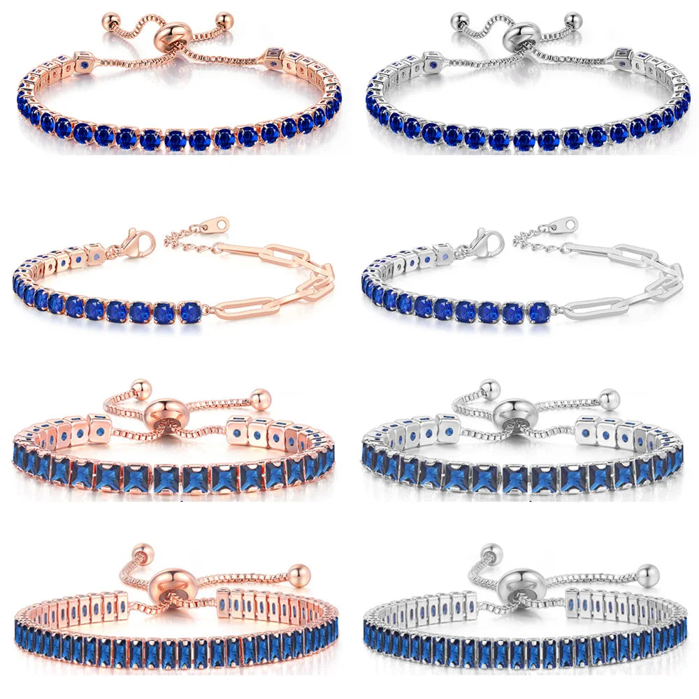 Trendy Blue Crystal Adjustable Tennis Bracelets for Unisex Women Men Various Shapes Iced Out CZ Short Chain on Hand Jewelry