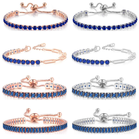 Trendy Blue Crystal Adjustable Tennis Bracelets for Unisex Women Men Various Shapes Iced Out CZ Short Chain on Hand Jewelry