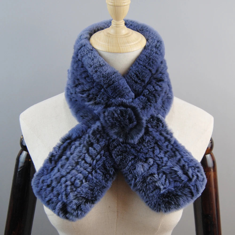New Russian Women Knit Real Rex Rabbit Fur Scarf Lady Fashion Floral Rex Rabbit Fur Mufflers Hot Winter Warm Natural Fur Scarves