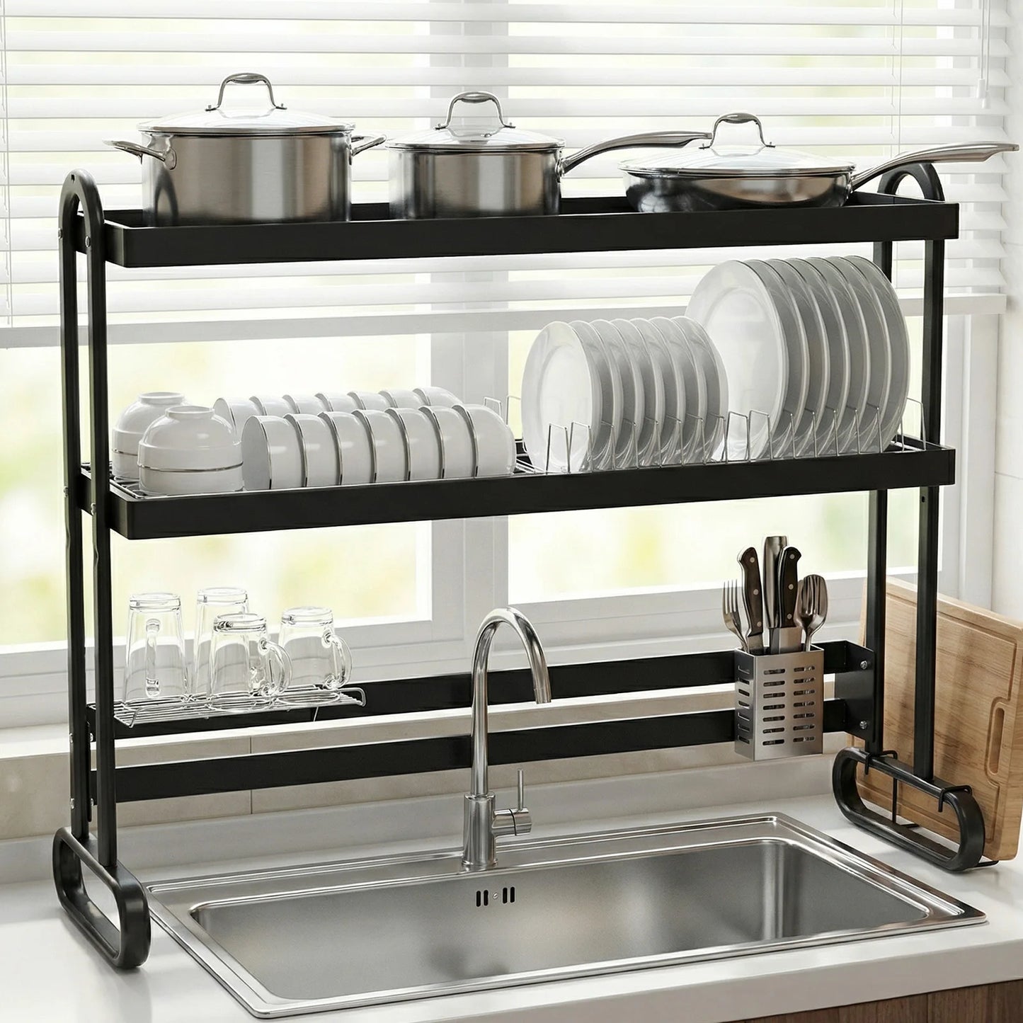 Stainless Steel 2/3Layer Dish Drainer Kitchen Dish Rack with Utensil Holder Anti-Slip Sink Organizer for Home Storage Accessor