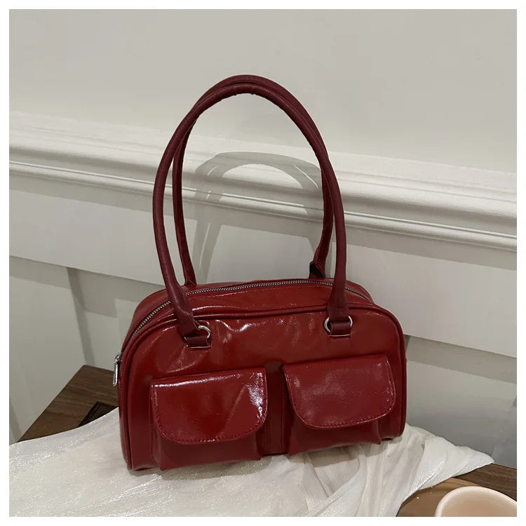 Vintage Simple Ladies Commute Tote BagWomen Business Shoulder Bags  Pu Leather Female Underarm Bag Burgundy Large Handbags Purse