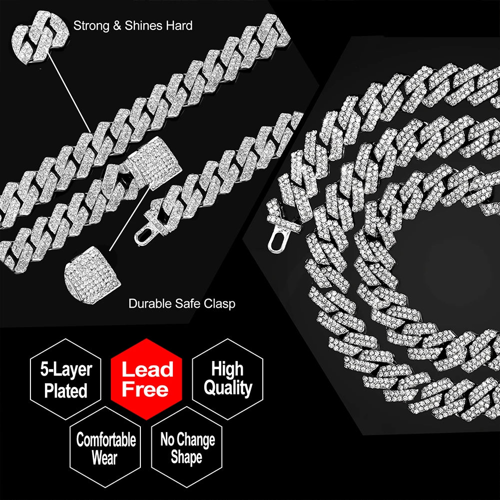 14MM Diamond Cuban Link Chain Men Women Iced Out 2 Row Rhinestone Paved Rhombus Prong Cuban Necklaces Hip Hop Jewelry