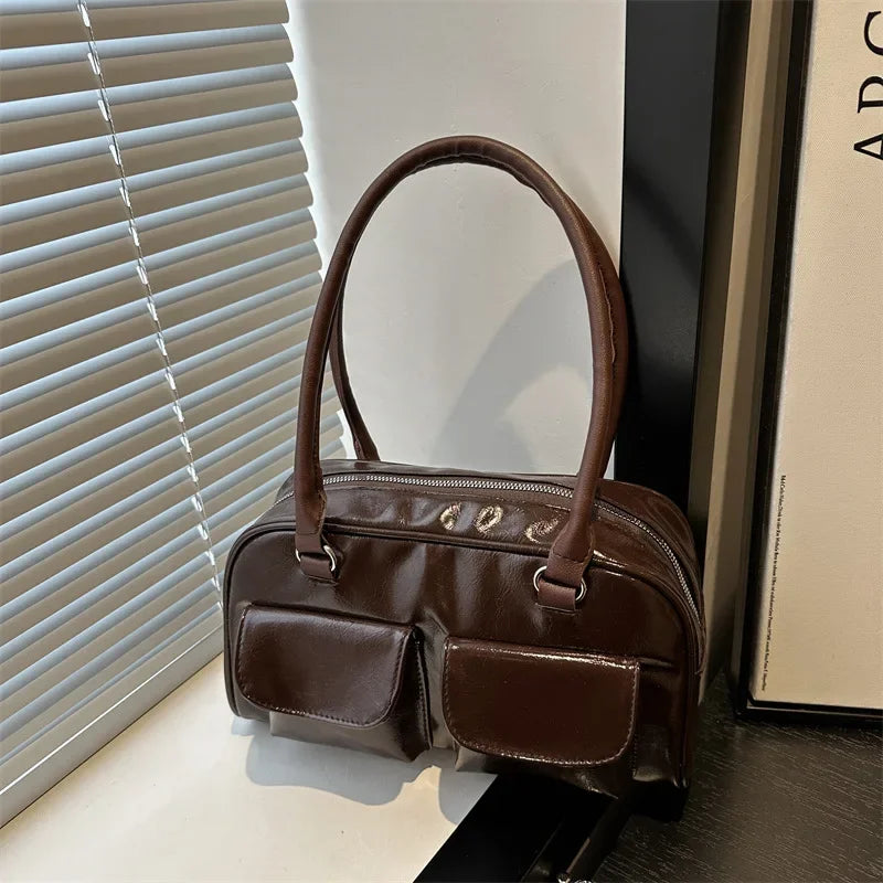 Vintage Simple Ladies Commute Tote BagWomen Business Shoulder Bags  Pu Leather Female Underarm Bag Burgundy Large Handbags Purse