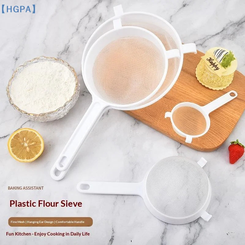 【HGPA】1Pcs Plastic Fine Mesh Spoon Strainer Kitchen Nut Milk Filter Flour Sieve With Handle Soy Milk Filter Colanders Tools