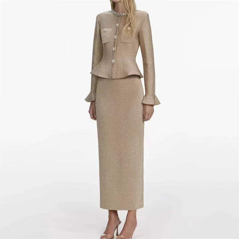 2025 Spring New Women's RoundNeck Diamond-Embellished Long-Sleeved Knitted DressY2K High-Quality Fashionable Commuter Maxi Dress